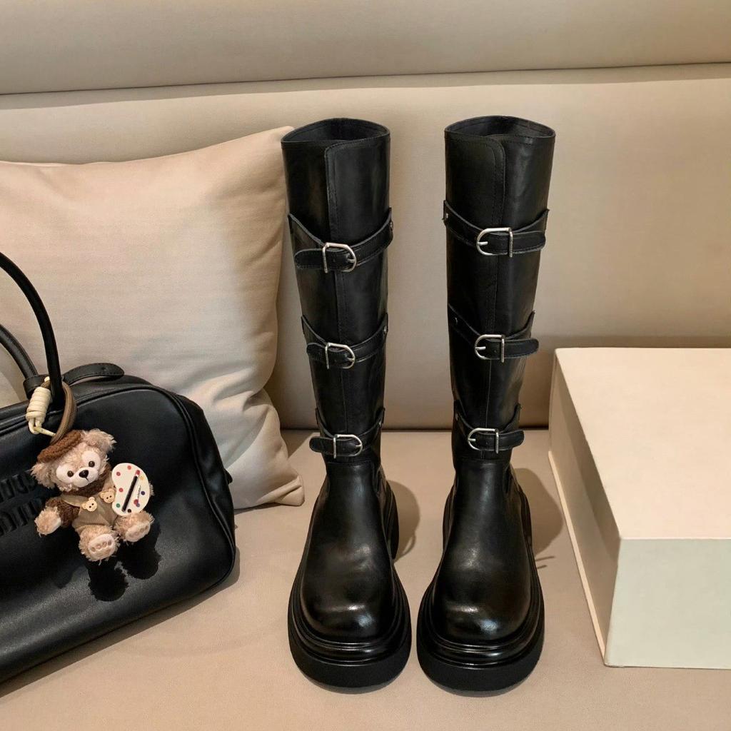 Belt Buckle Boots Leather Thick-Soled Martin Boots Women'S Wide Tube Thick Heel Skinny Knight Boots Long Boots