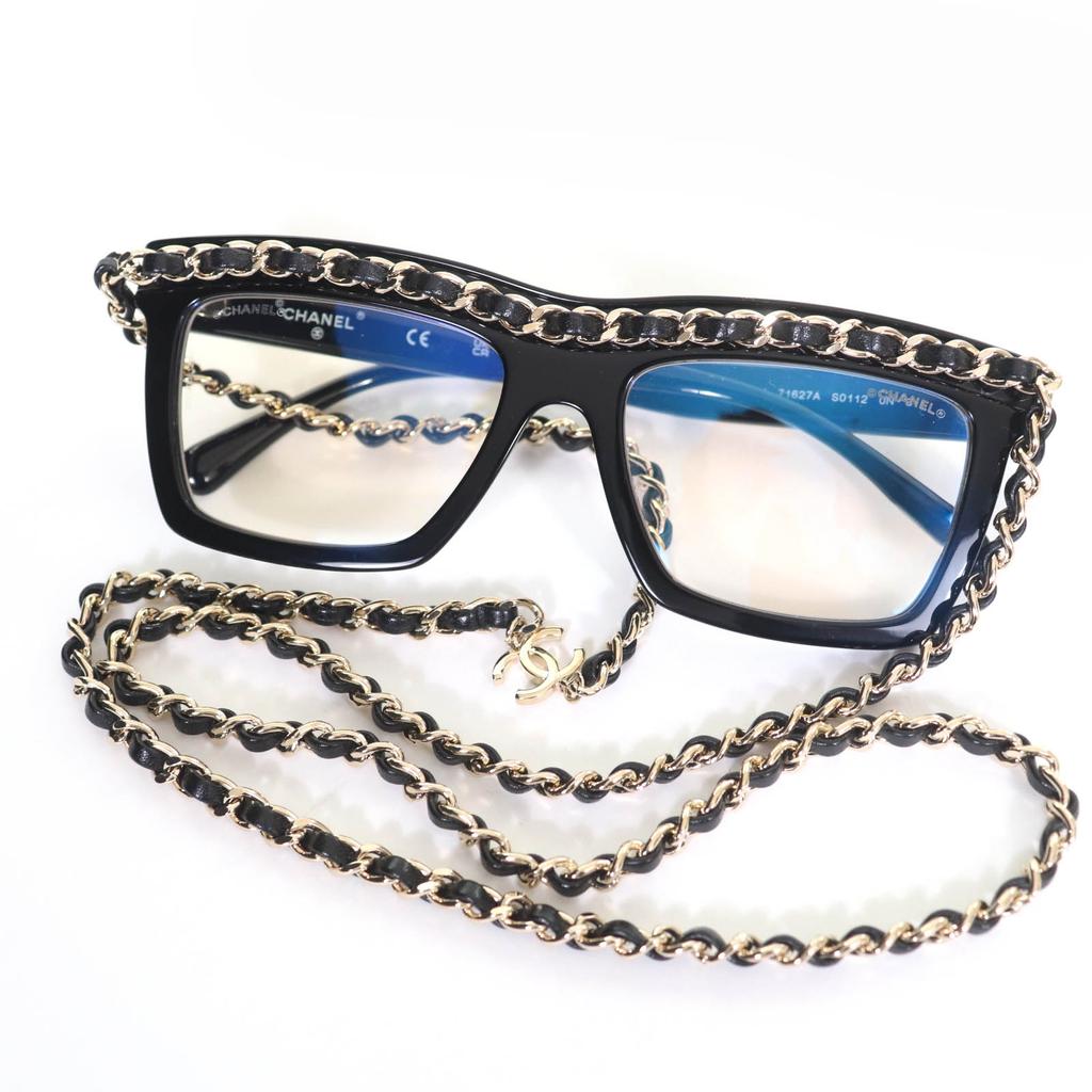 Pristine CHANEL sunglasses Rectangle Shape Blue Light Cut COCO Mark Chain black A71627 Used