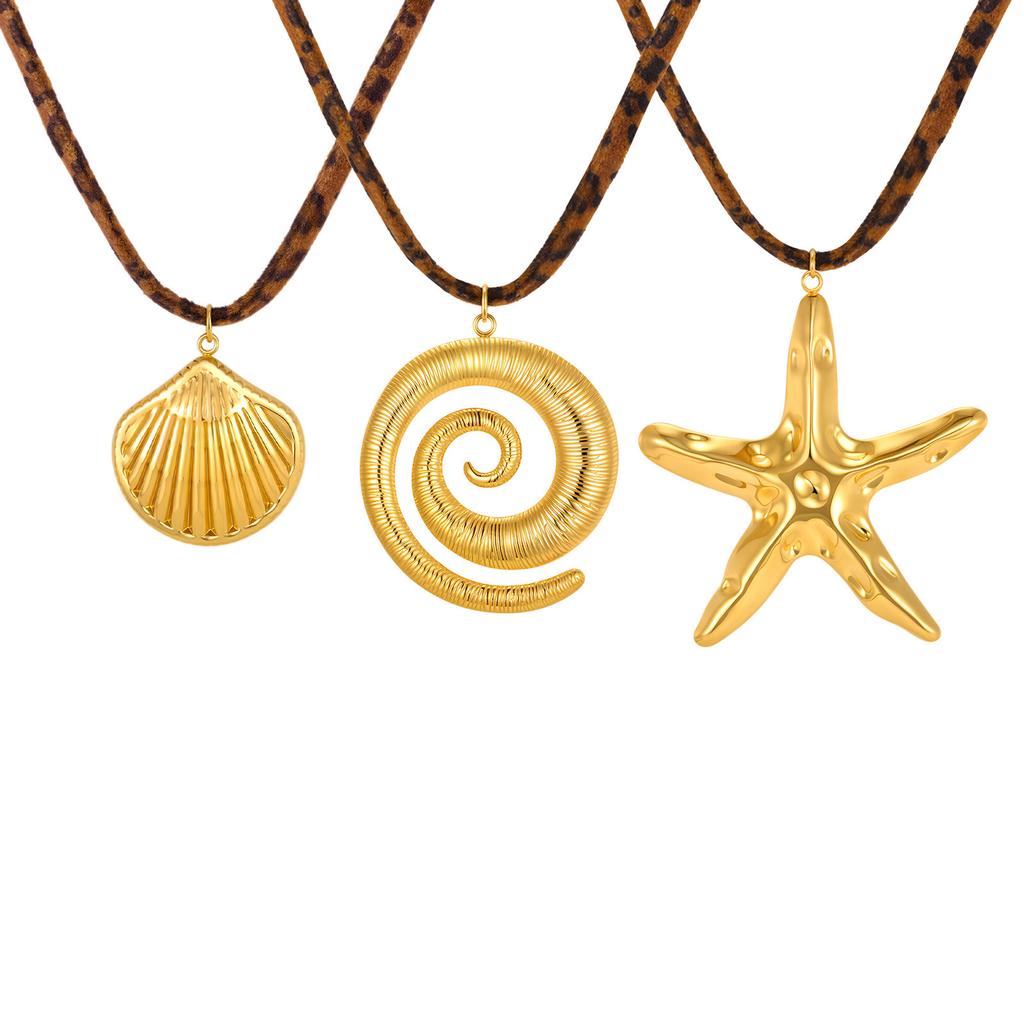 Summer Feminine Glamour Jewelry, Ocean Wind Stainless Steel Starfish Shell Pendant Leopard Velvet Necklace Nc-2764