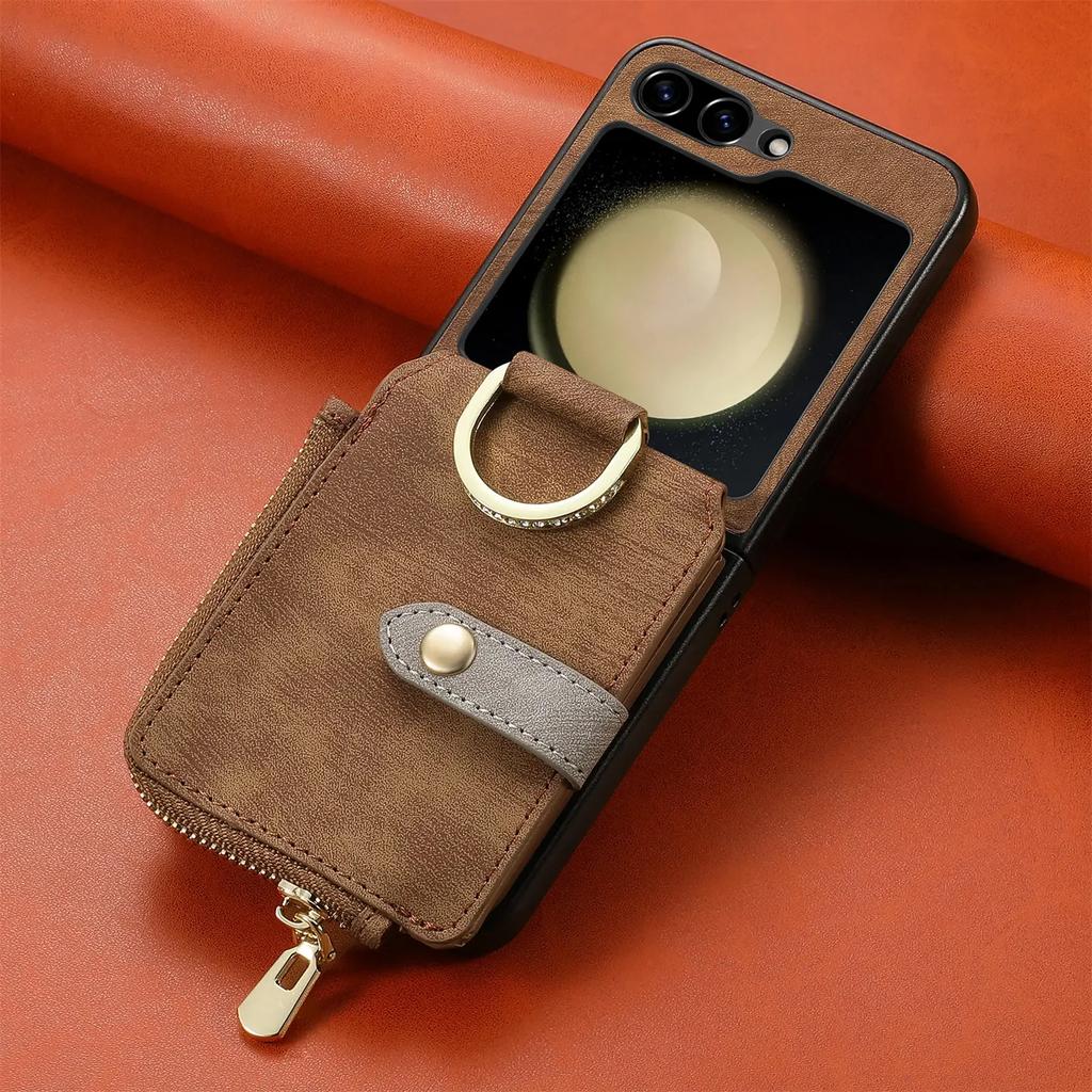 Zipper Cards Solt Purse Ring Holder Vintage Leather Wallet Case for Samsung Galaxy Z Flip 7 FE 6 5 4 5G Flip5 Bag Stand Cover