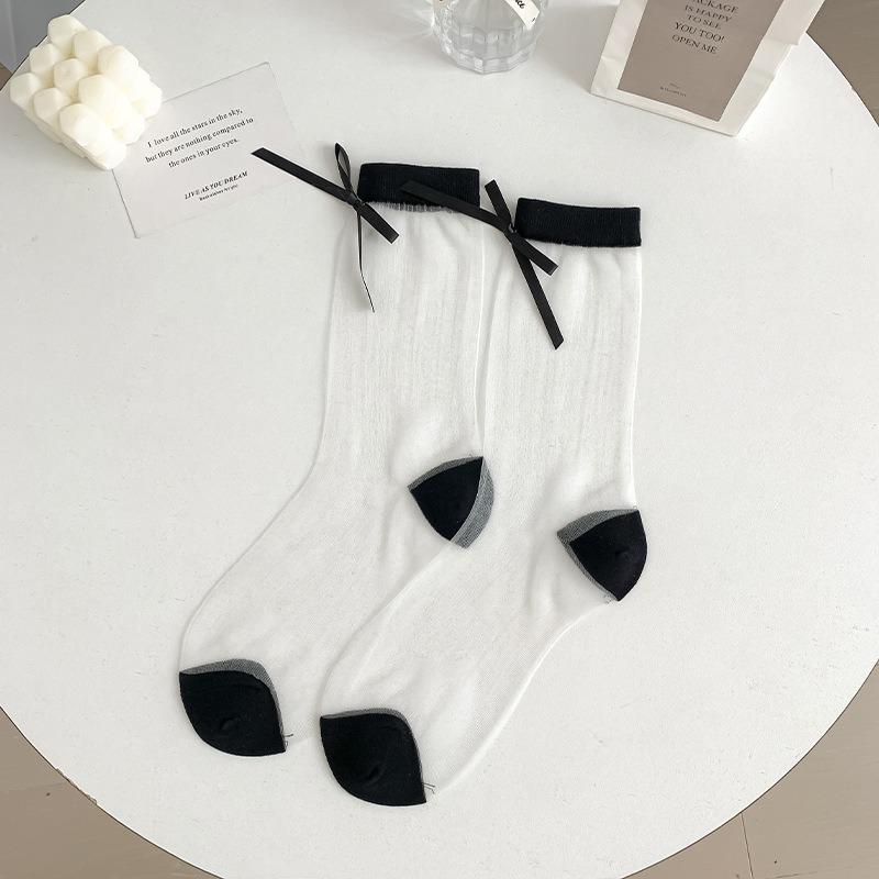 1 Pair Korean Fashion Simplicity Girl Sock Ballet Lolita Bow Silk Sock Soft Cotton Transparent Summer Breathable Calf Sock