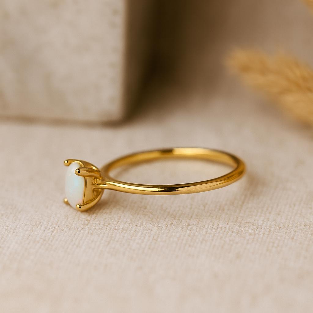 Fire Opal Bridal  Jewelry, Minimalist Solitaire Ring, Yellow Gold Plated Silver, Simple Birthday Gift for Her