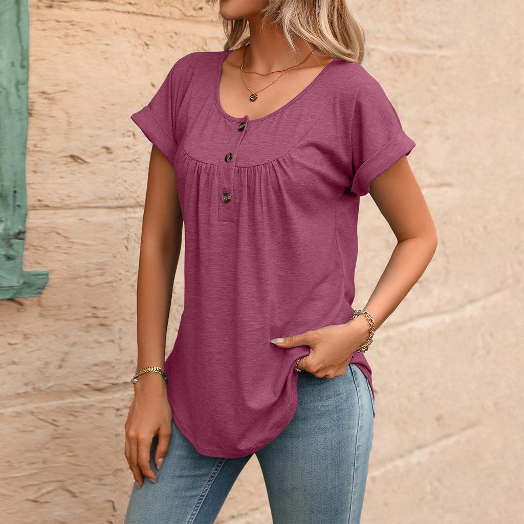 Women’s Casual Short Sleeve Pullover T Shirt with Crew Neck and Button Loose Fit Summer Top Blouse