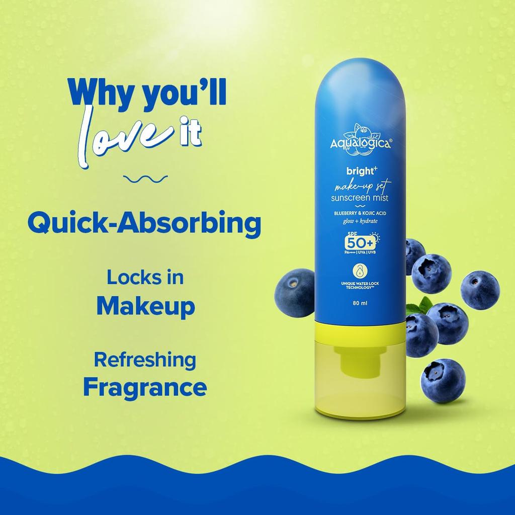 Aqualogica Bright+ Набір для макіяжу Сонячний спрей SPF 50+ PA++++ Ультратонкий Швидковисихаючий Спрей для фіксації макіяжу 80 мл