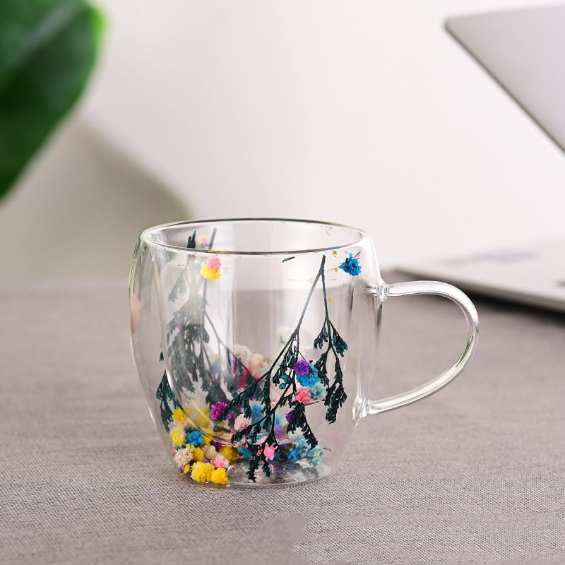 250ml Double Wall Coffee Mug Flower Filler Glass Cups Tea Coffee Cup With Handles Heat Resistant Mug Gift