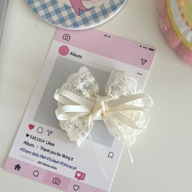 

2pcs Women Fashion Elegant Ribbon Bow Hairpins Sweet Lace Bowknot Hairclip with White Floral Design Headwear Hair Accessories