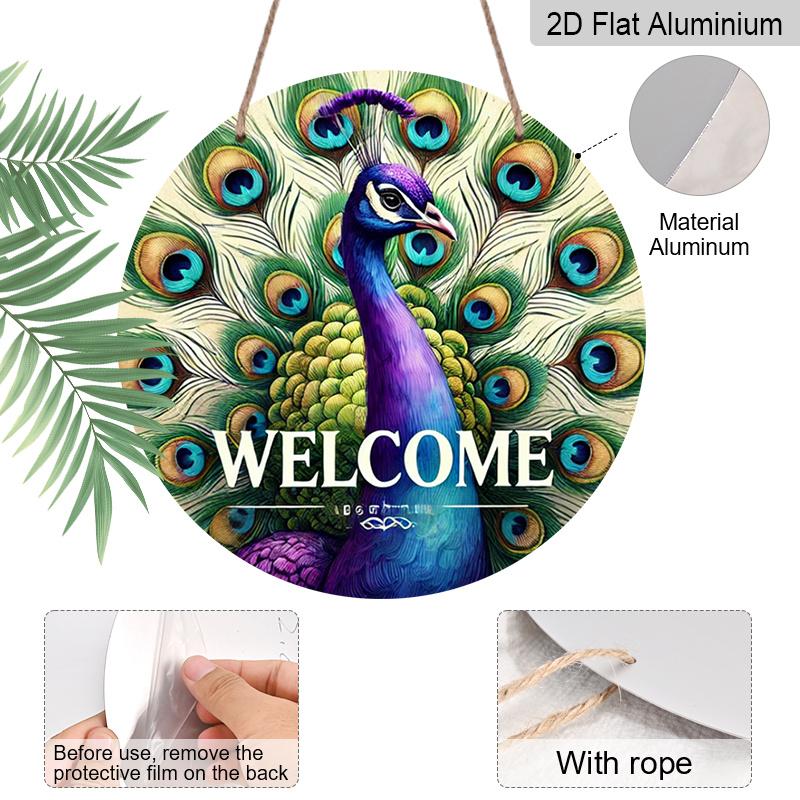 2D Flat Aluminum 7.87 Inch X 7.87 Inch Peacock Style Welcome Sign Wall Decor, Vintage Style, Suitable for Cafes, Living Rooms, Kitchens, Bars