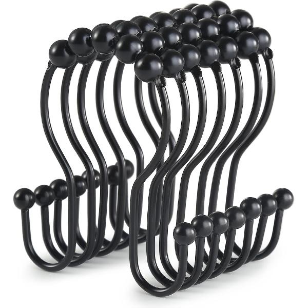 Goowin Shower Curtain Hooks, 12 Pcs Shower Curtain Rings, Stainless Steel Black Shower Curtain Hooks, Shower Curtain Rings Rust Proof, Smooth Sliding