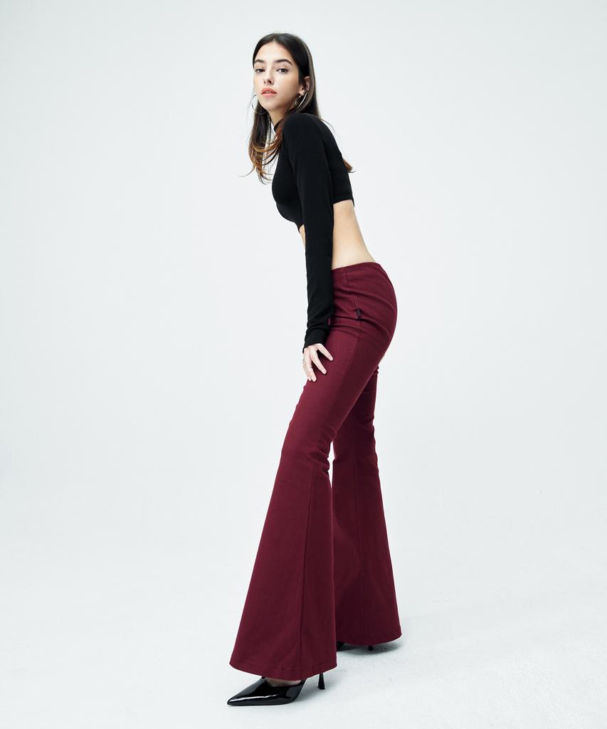 ATTENTIONROW FOR WOMEN Low-Rise Front Zipper Bootcut Pants (Burgundy)