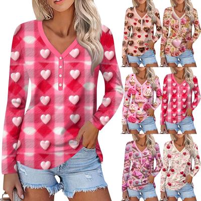 Women's Valentine's Day Love Heart Print Fashion Casual Long Sleeve V-Neck Button Neck Top