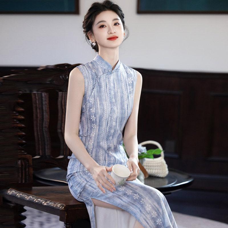 Blue national style new Chinese sleeveless Suzhou long cheongsam improved young 1011 new women's high sense summer