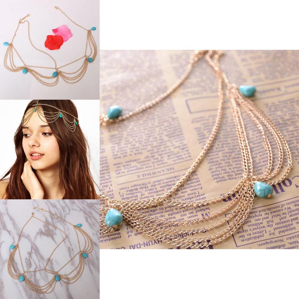 Fashionable Simulated Turquoise Decor Multi Layer Chain Design Women Headwear For Festivals