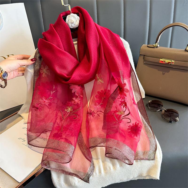 Luxury Silk Shawl Scarf For Women Design Embroidery Flowers Hijab Wraps Bufandas Female Headkerchief Fouloud Echarpe