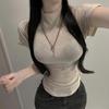 Women's Korean Dongdaemun Curved Hem High-Neck T-Shirt - Sexy, Figure-Flattering Short Sleeves