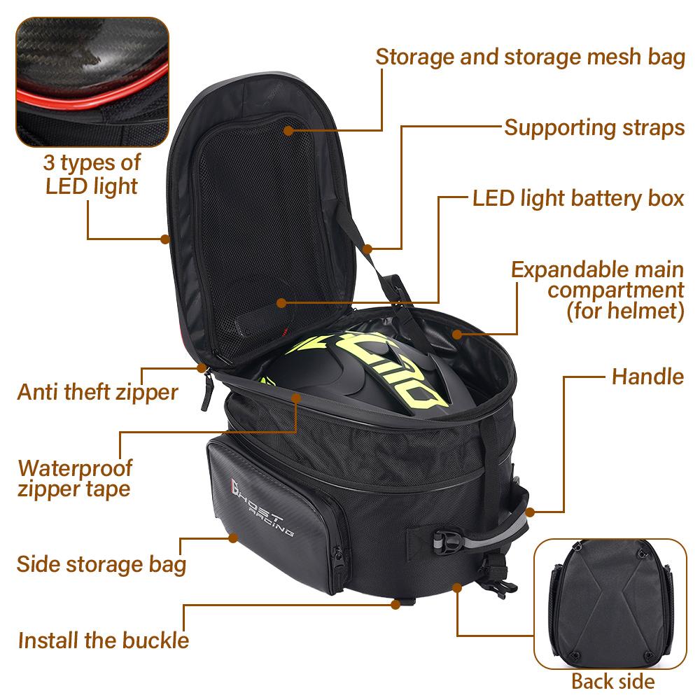 Multi-Function LED Motorcycle Helmet Storage Bag Multi-Function Tail Bag Waterproof With Anti-Theft Password Lock