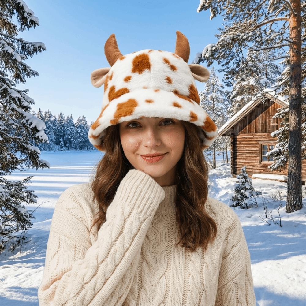 Plüsch-Fischerhut aus Kunstpelz Flauschiger Winter-Plüschhut Retro Kuhhorn-Eimerhut Damen
