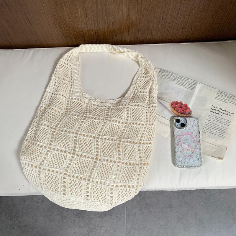 Yogodlns Retro Knitted Net Bag Shoulder Tote Beach Holiday Women's Bag Weaving Art Style Casual Minimalist Polyester Handbags