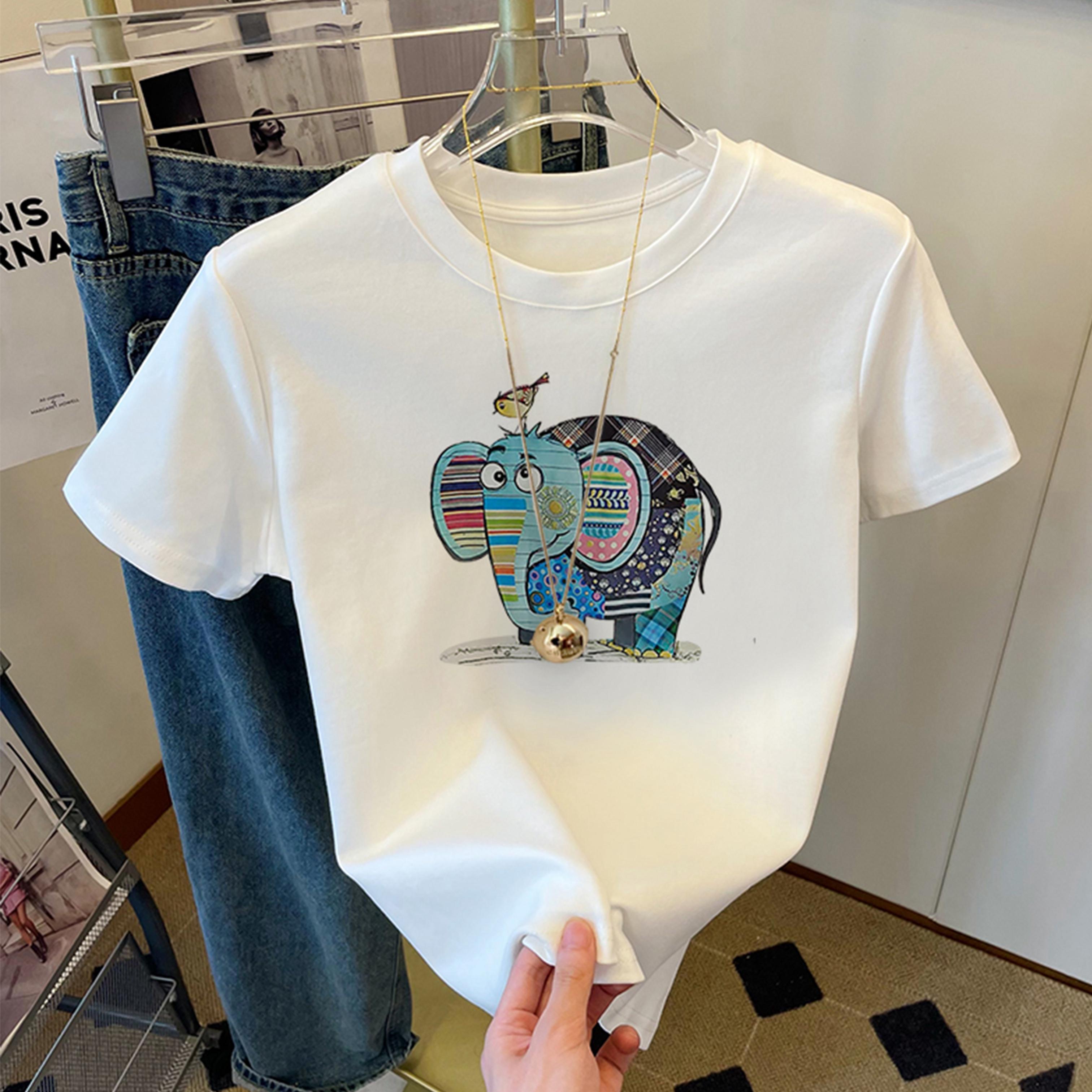 

Белая футболка с коротким рукавом с детским слоником, женская, летняя, нишевая, универсальная и тонкая, из чистого хлопка, повседневный топ в гонконгском стиле S