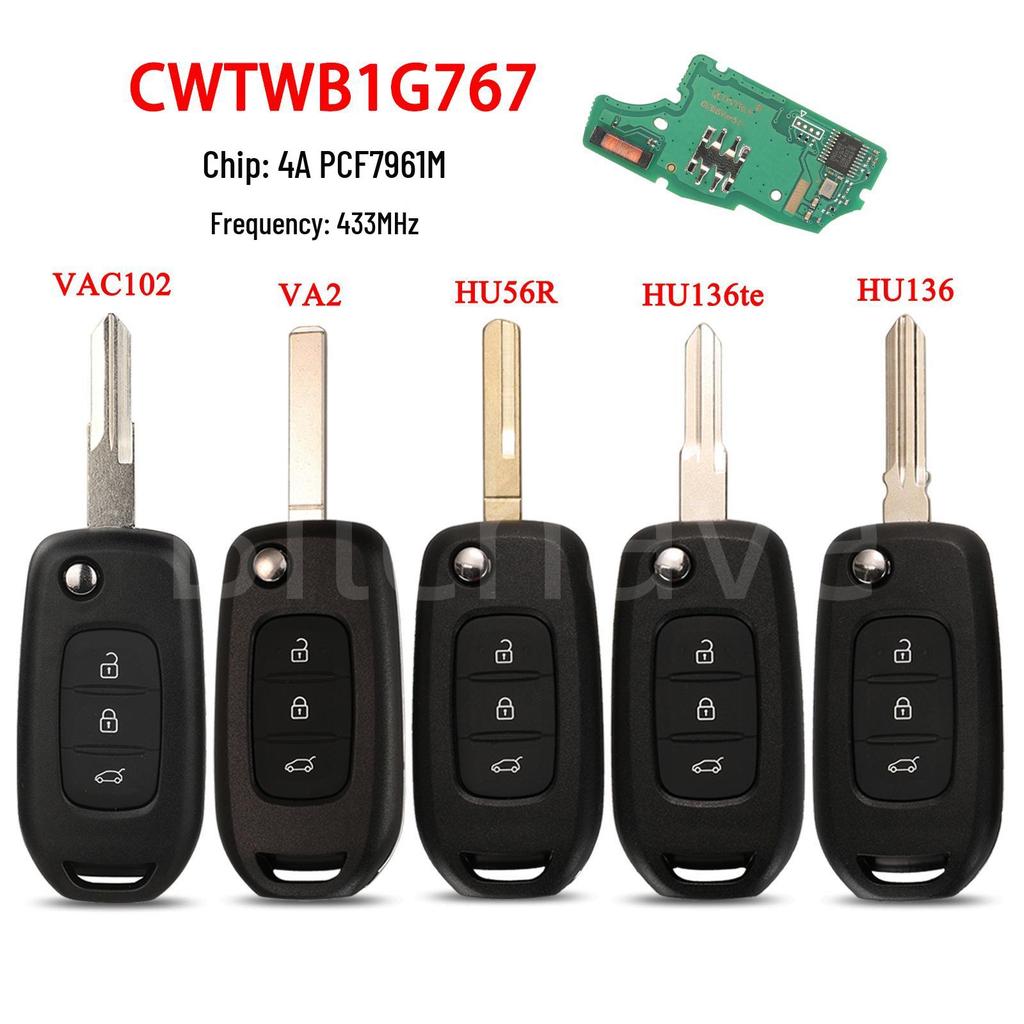 CWTWB1G767: Compatible 3-button Renault Car Remote, 433MHz Frequency, 4A Chip.