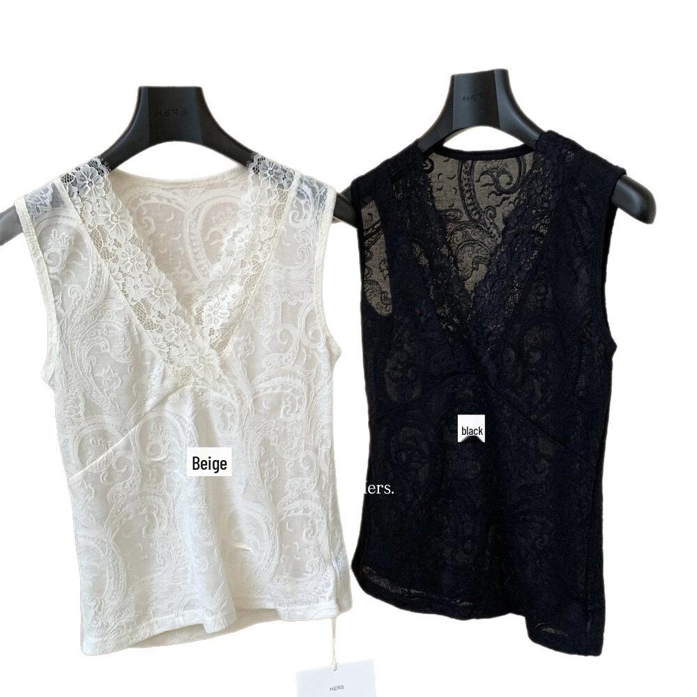 French V-neck Lace Camisole for Women - 2026 Spring Slim Fit Spaghetti Strap Layering Top