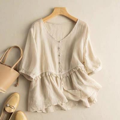 Japanese Cotton Linen Short-sleeved Shirt for Women Loose and Slim Temperament V-neck Doll Shirt Top