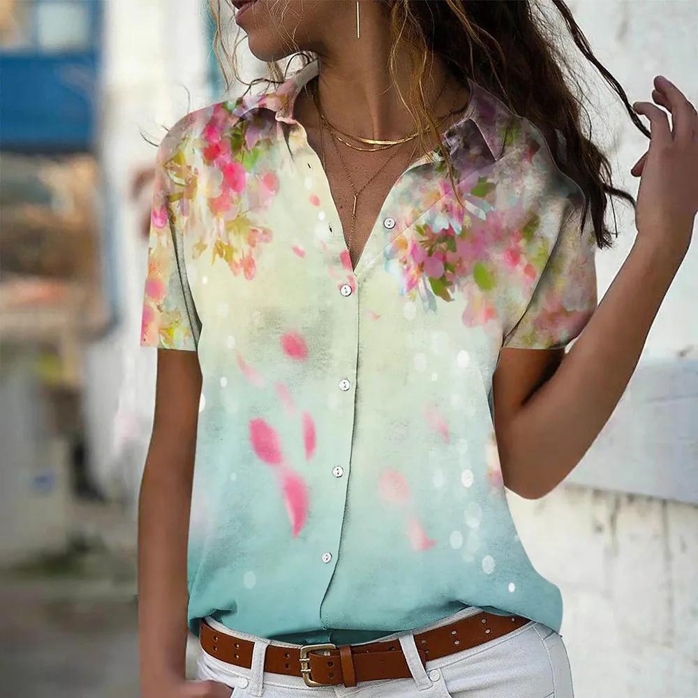 Fashion Women's Floral 3d Printed Short Sleeve Lapel Shirts Tops 2026 New Summer Blouses Tops
