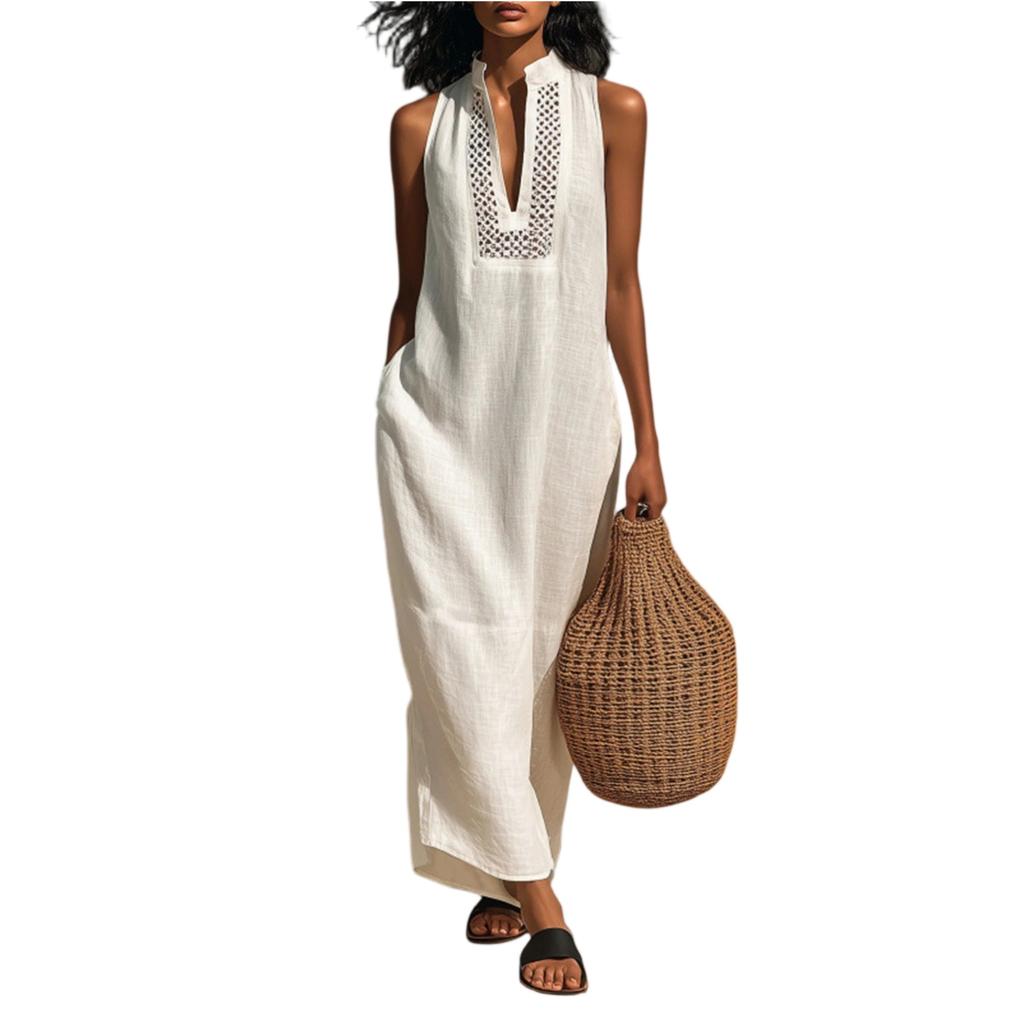 Women’s Sleeveless Relaxed Fit Maxi Dress with Hollowed Neckline and Side Pockets for Casual Everyday Wear