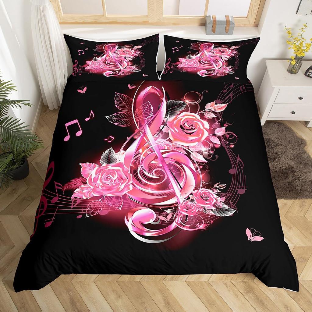 Musical Note Bedding Set Queen,Black White Comforter Cover Girls,Kids Piano Duvet Cover Set Music Theme Bedspread Cover