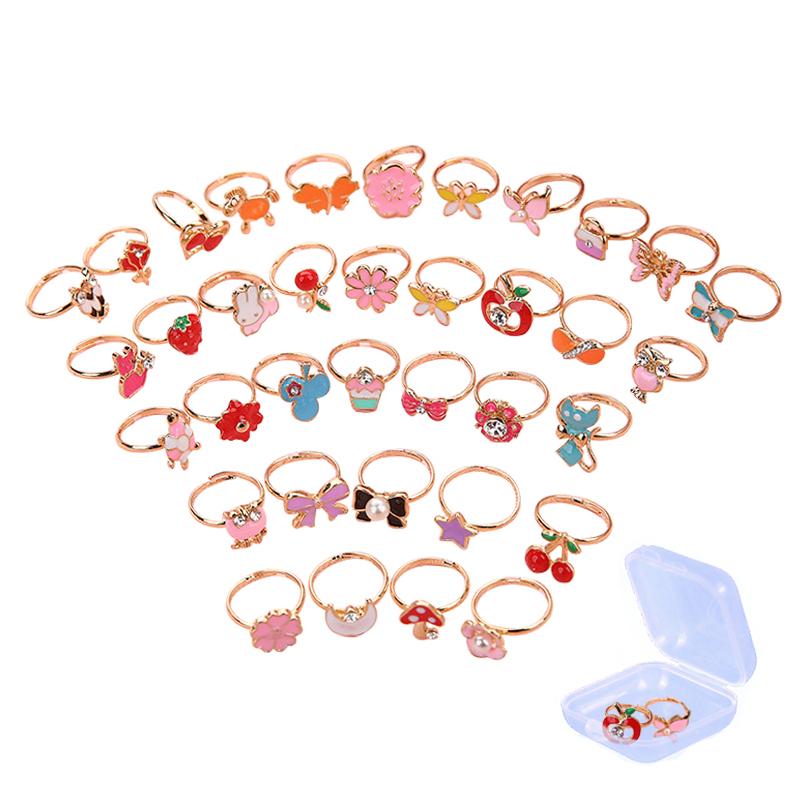 6/9/12/36pcs Cute Adjustable Rings Children Girls Pretend Play Makeup Toys Cartoon Crystal Jewelry Alloy Animal Enamel Rings
