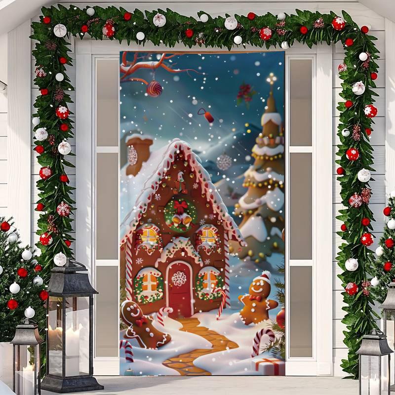 1 ks Veselé Vánoce Kryt na dveře Banner Polyester Vzor Santa Clause pro Štědrý večer Novoroční sváteční párty Vchodové dveře Domácí nástěnná dekorace