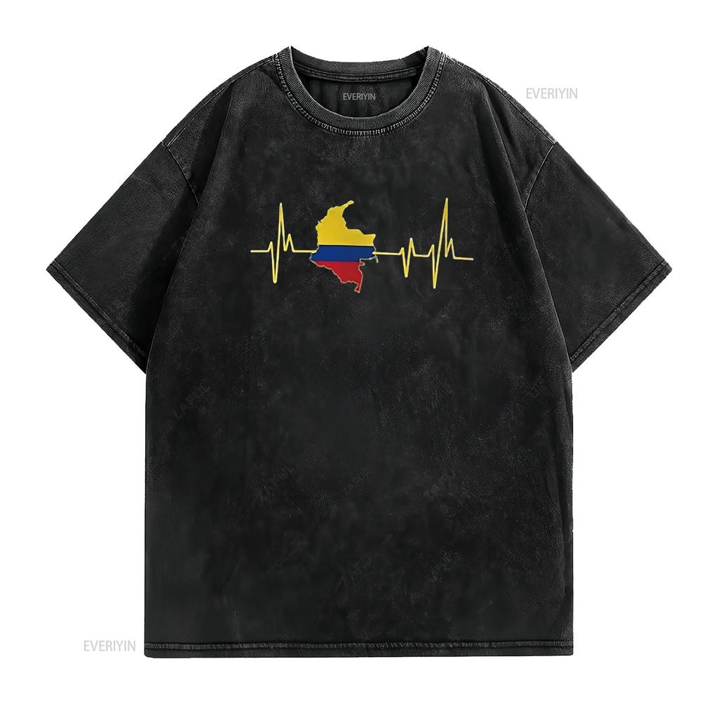 Mens Heartbeat Design Colombian Flag Colombia T Shirt Black vintage Washed Versatile Casual Stretched graphic designer clothes