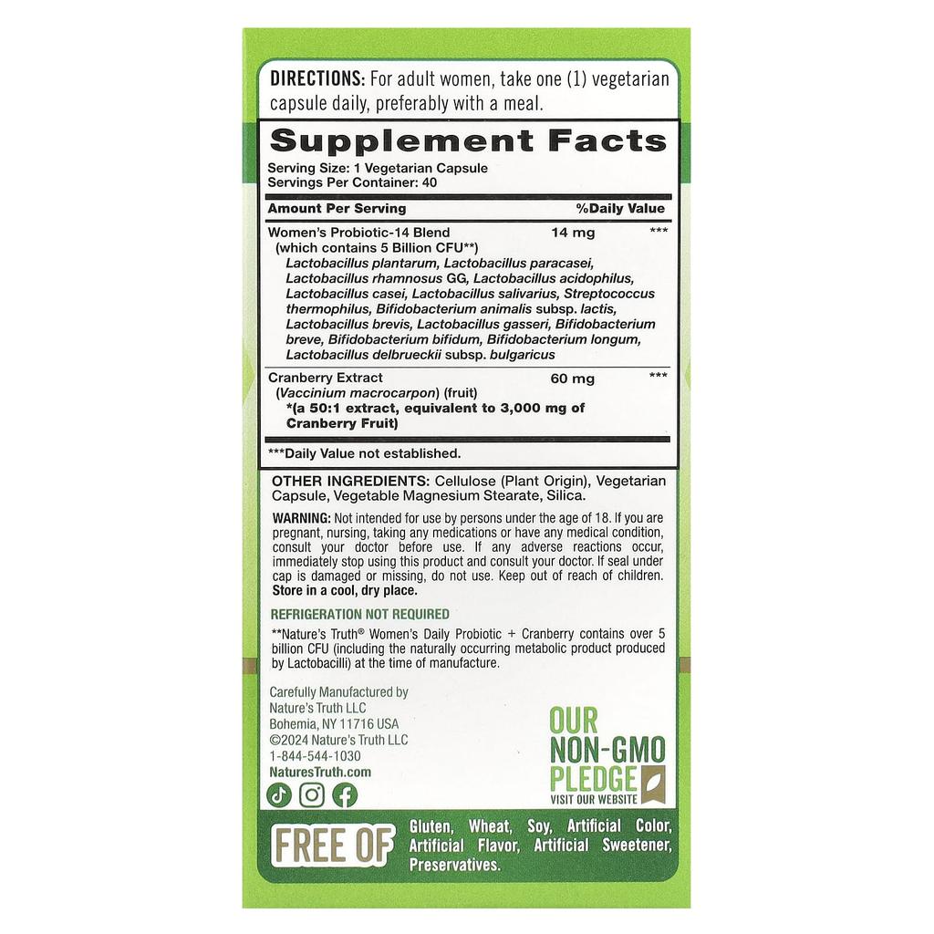 Nature's Truth Women's Probiotic + Cranberry, 40 Veggie Caps