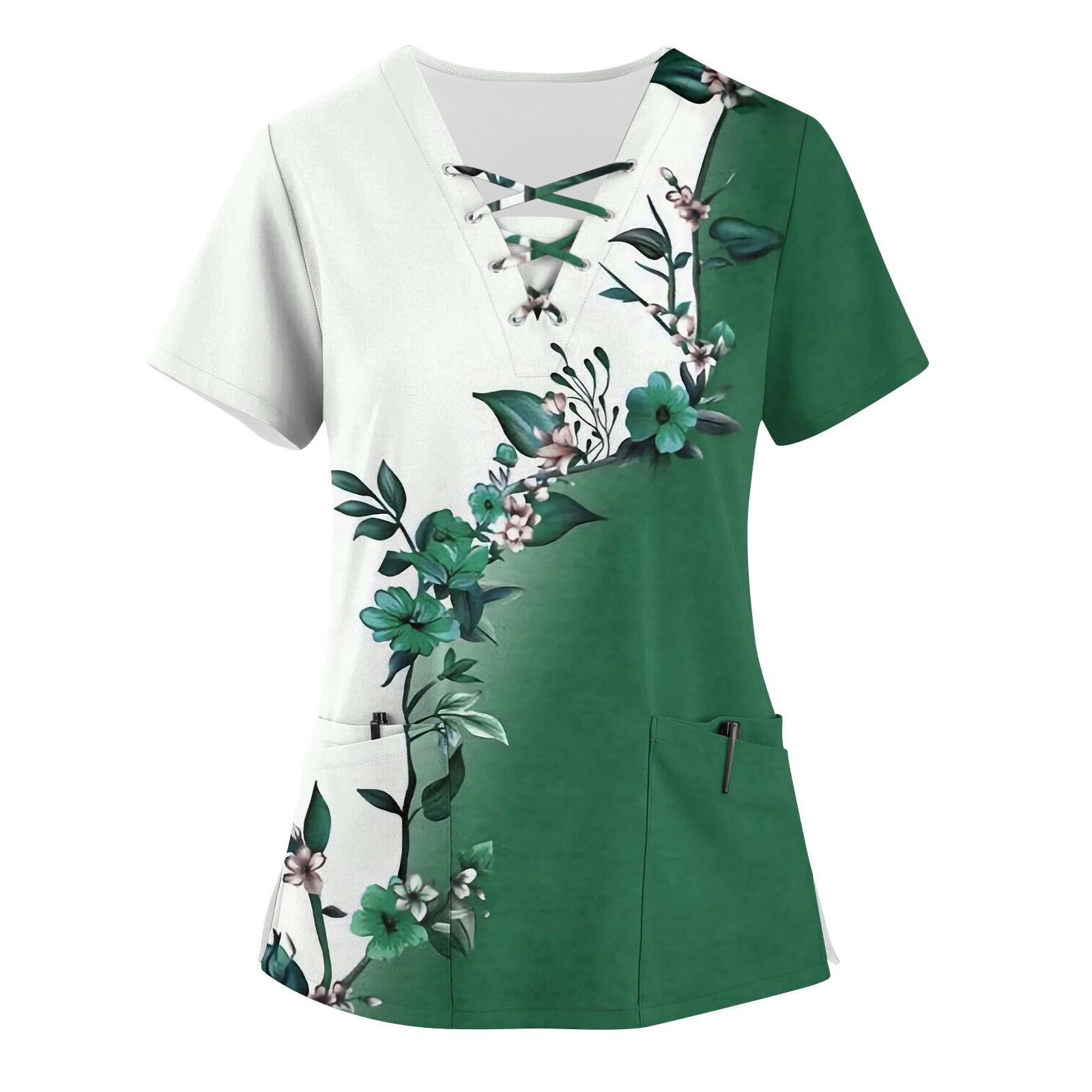 

Плюс размер скраб с принтом Рабочая форма Топы для женщин Крест V-образным вырезом Форальный принт с короткими рукавами Забавные футболки Спецодежда Футболка с карманами S