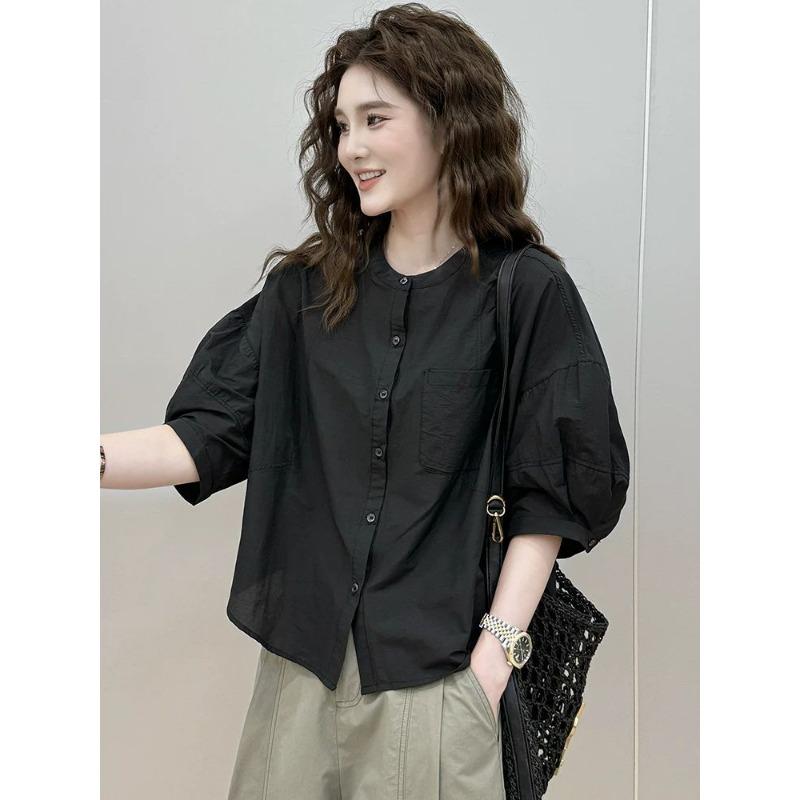 Designed Splicing Round Neck Short-sleeved Shirt for Women New Style Loose Top Cardigan