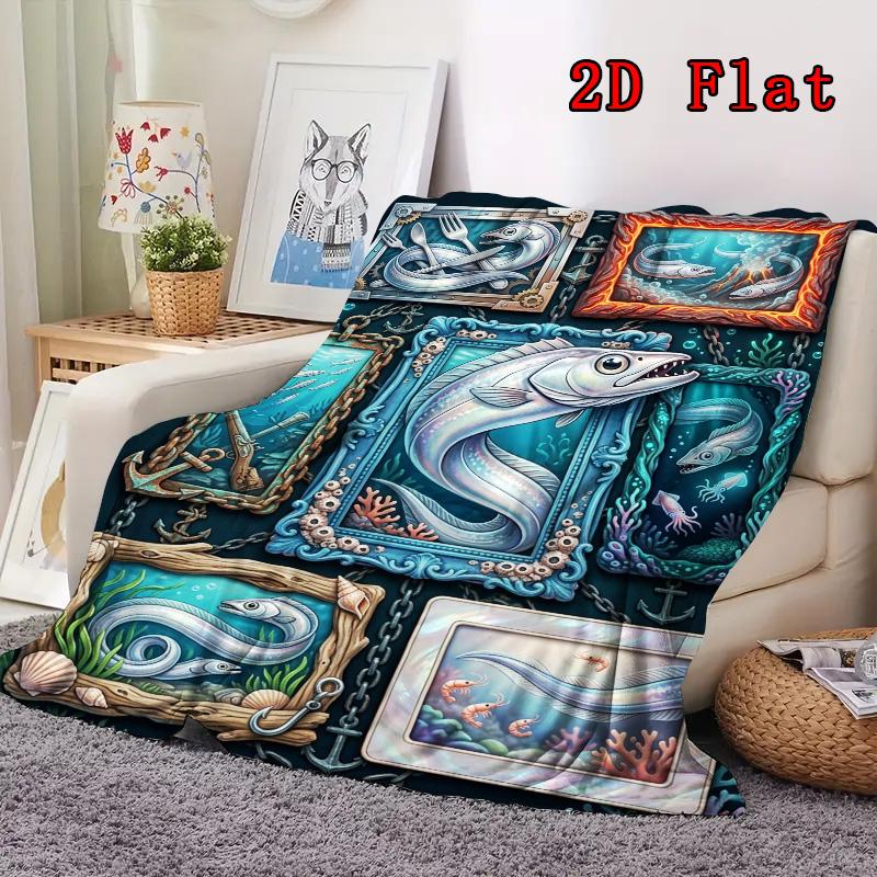 Marine Life 2D Flat Pattern Flannel Blanket, High quality All Seasons, Home Decor, Warmth and Comfort, Perfect for Christmas Gifts.