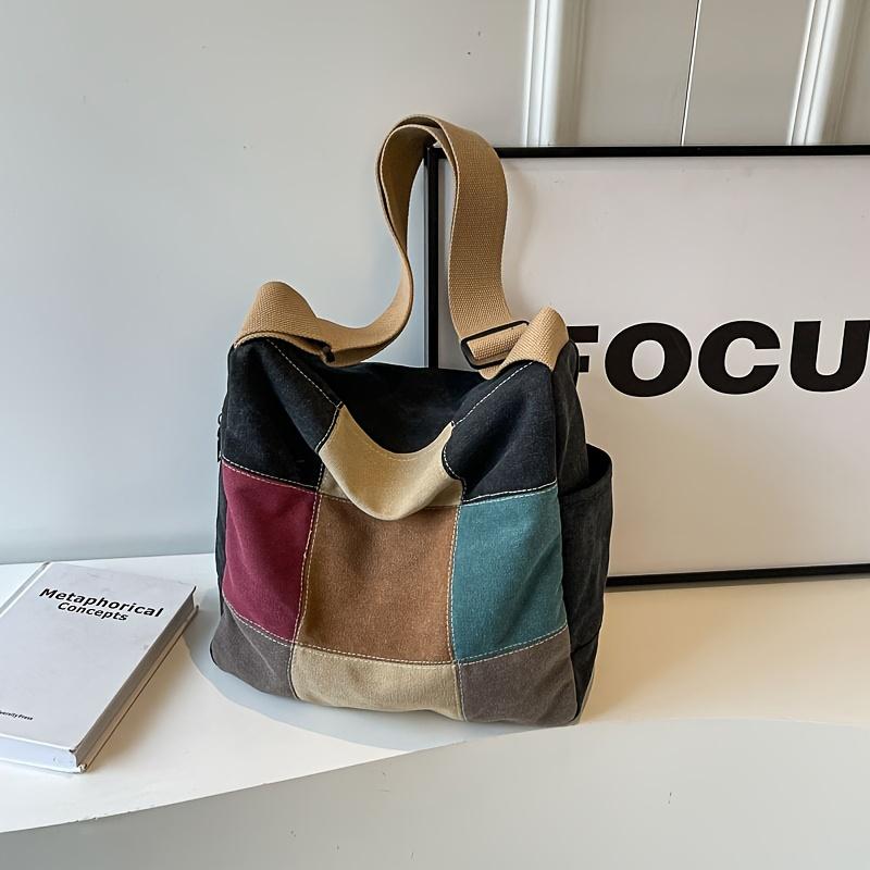 Colorblock Canvas Shoulder Bag Chic Patchwork Crossbody Tote Casual College Style Document Book Carrier With Adjustable Strap