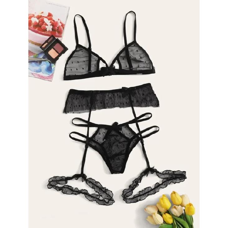Sexy Bra Set Transparent See Through Bra and Panty Set with Garter Perspective Mesh Lace Lingerie Set Ladies Underwear Set