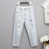 High Waist Loose Women's Denim Jeans Tear Hole Nine Points Summer Thin Autumn Wear Dad Harlan Pants Cotton Polyester Blend