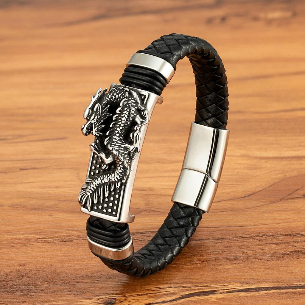 Leopard/Dragon Design Leather Braided Stainless Steel Bracelets Magnetic Buckle Rope Weaving Bracelet for Men Jewelry Gifts