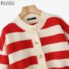 ZANZEA Autumn Spring Women Long Sleeve Striped Casual Knitted Stretch Sweaters Cardigans