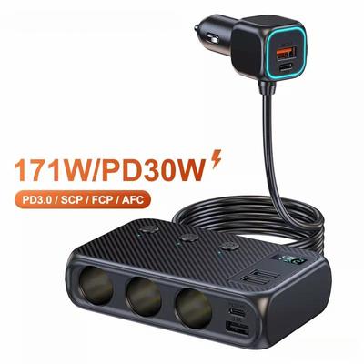 Auto-USB-Ladegerät 9 in 1 171 W Schnelllade-Telefonladegerät Zigarettenanzünder-Adapter mit PD 30 W/QC 3.0 6-USB-Anschlüsse Aufladen