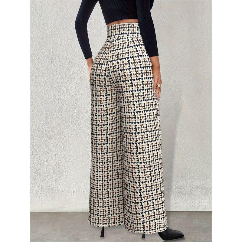 Western Style New Fashion Loose Houndstooth Casual Pants Plaid High Waist Wide Leg Pants Wide Leg Pants