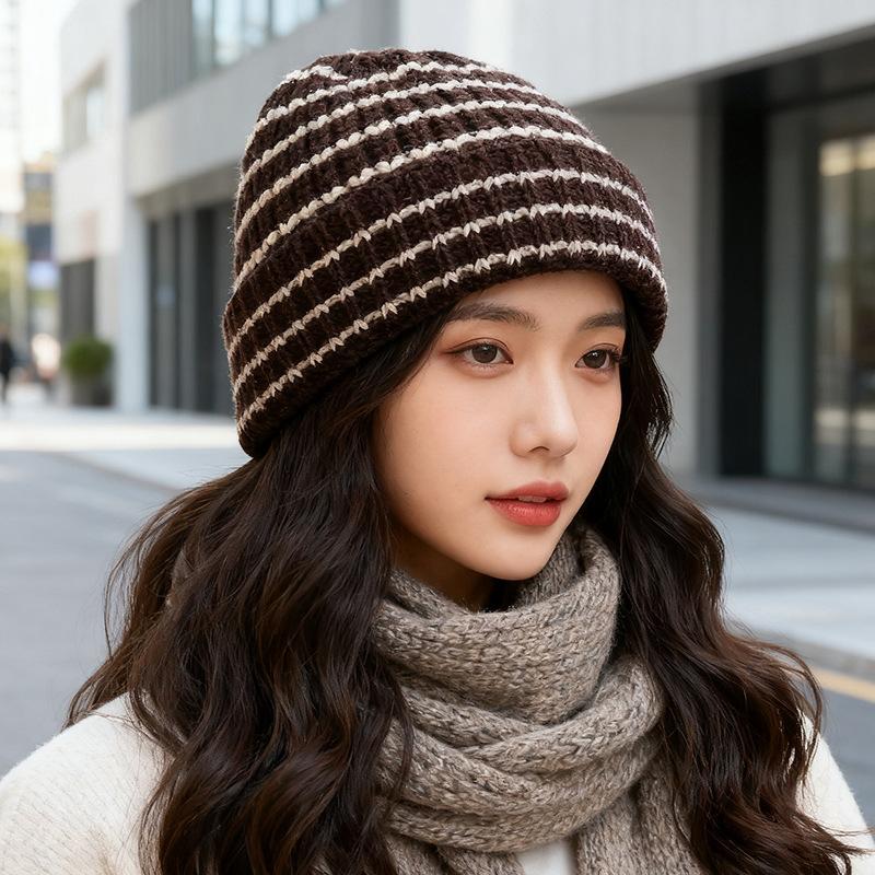 Japanese Striped Color blocked Woolen Hat for Women Fashionable and Simple Ear Protection Knitted Hat  Versatile Couple  Baotou Cold Hat Men's Trendy