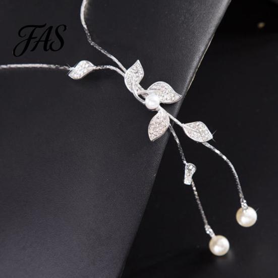 Necklace Faux Pearl Tassel Leaves Pendant Exquisite Beautiful Accessories Sweater Chain Jewelry Gift for Women