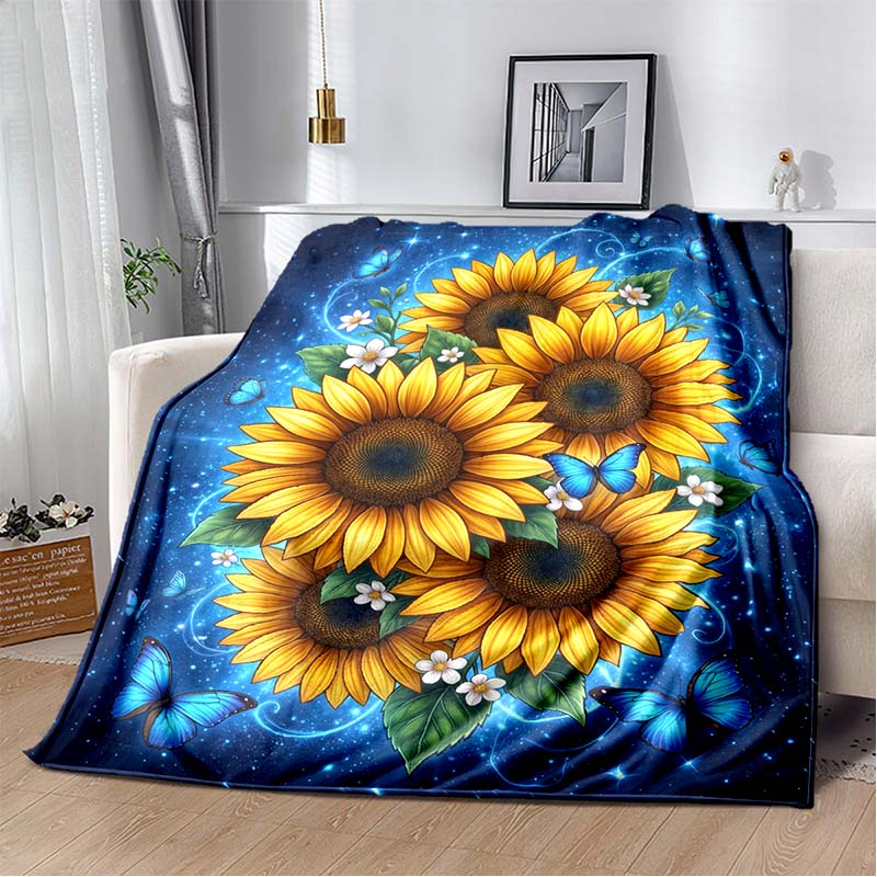 Manta de Franela con Estampado de Girasol y Mariposa Azul, Manta Acogedora con Fondo de Cielo Estrellado