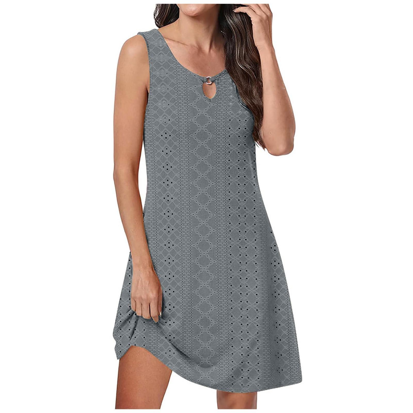 Women s Sleeveless Casual Mini Dress Loose Fit Solid Color Summer Dress with Round Neck and Keyhole Detail Lightweight Fabric XXL