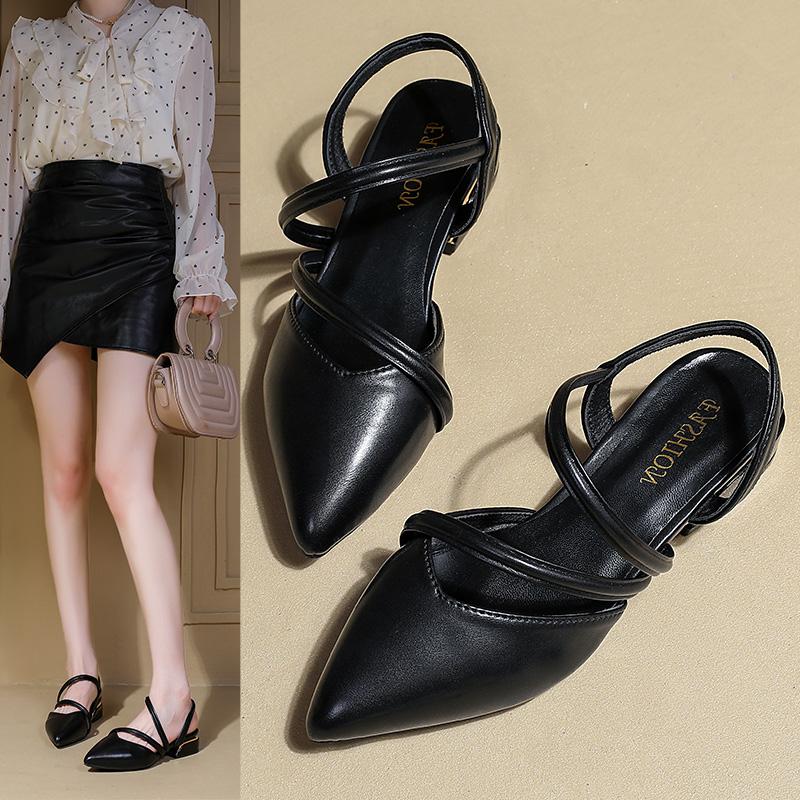 2025 New French  Pointed Sandals for Women Retro All-in-one Bag Head Shallow Mouth Summer Women High Heels