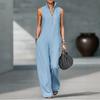 Damski kombinezon bez rękawów, casualowy, długie spodnie, romper z kieszeniami, letni, zapinany na zamek, ze stójką, jednoczęściowy kombinezon