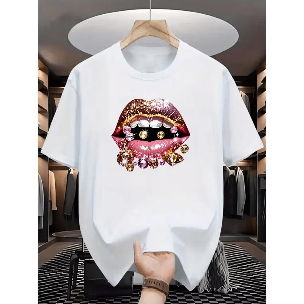 Beautiful Lips And Diamonds Printed Shortsleeved Unisex Unisexs Tshirt Casual Crew Neck Top For Spring Andsummer Novelty Clothing