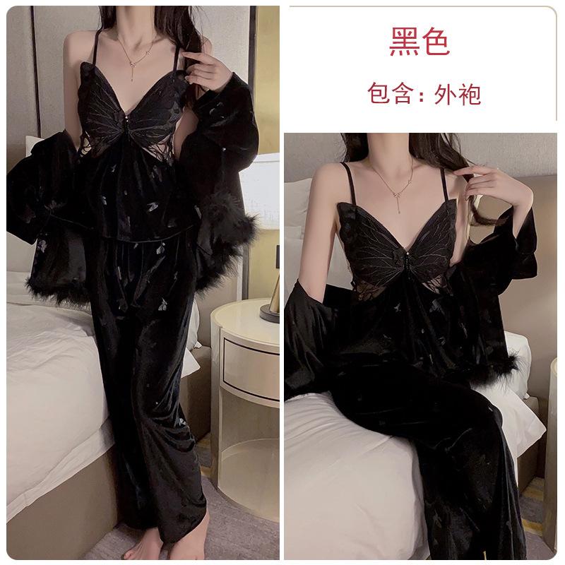 Women's Velvet Butterfly Print Lace Padded Backless Robe Lounge Set